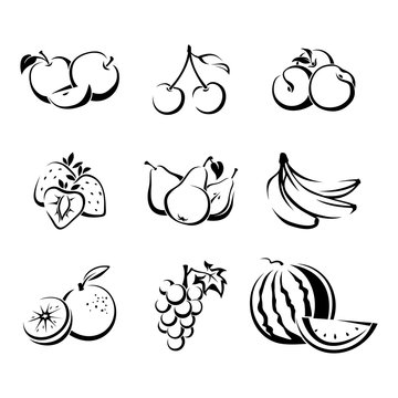 Set of various fruit and berries. Vector black contour drawing isolated on a white background.