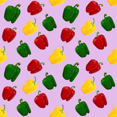 Red, yellow, green bell pepper. Vegetable seamless pattern on pink background. Vegetarian pattern, Natural background for textiles, wrapping paper and designs