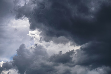 Terrible thunderclouds from the side of a plane. Gloomy epic clouds. Background image in a dark...