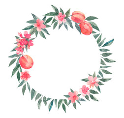 Circle peaches frame. Template for wedding, birthday card and poster. Hand drawn watercolor illustration on white background