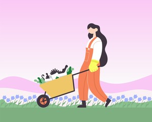 Farmer with a cart of plants. Color illustration.