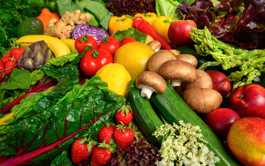 Arrangement of fruits and vegetables in many appetizing colors, inviting to lead a healthy plant-based lifestyle and self-care