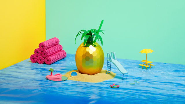 Happy Pineapple Cocktail on Sandy Island with Water Slide and Floaties Horizontal