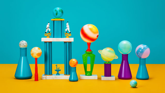 Custom High Five Astronauts Trophy with Planets Arranged Neatly Horizontal