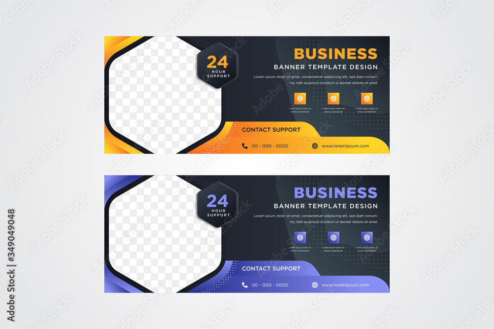 Poster set of horizontal banner with dark background combined with orange and soft purple gradient element 