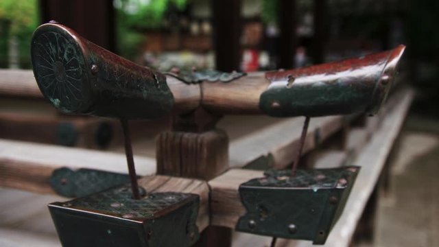Wooden and brass carving detail at Shiramine Shrine Kyoto in Japan