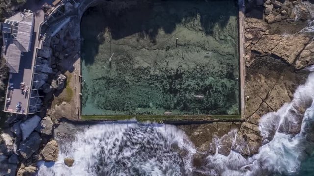 Coogee Drone Rock Pool Time Lapse Sydney Australia. Long Exposure Drone Time Lapse using high Rated ND Filters of Swimmers at Wylies Baths Swimming Rock Pool.