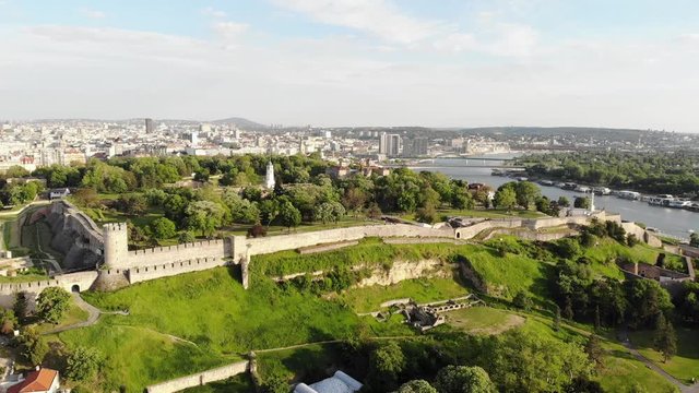 Kalemegdan forttress, a medieval structure and important landmark of Belgrade, Serbia. Aerial drone video.