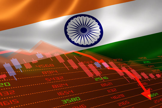 India Flag and Economic Downturn With Stock Exchange Market Indicators in Red