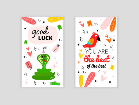 Set of cards with a snake and a parrot. Illustration with a snake and the inscription good luck. Greeting card with a snake and the inscription good luck. Greeting card with a happy birthday parrot.