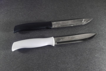 Two kitchen knives with white and black handles on a dark background.