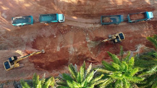 Deforestation and construction. Excavators and trucks loading soil at construction site. Environmental damage	