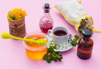 A Cup with a drink and honey. Treatment and prevention of the disease morning Breakfast.