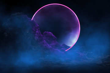 Empty background scene. rays of searchlights, neon blue and purple  light, highlights and lights. Night view of the scene. Dark background with spotlights.