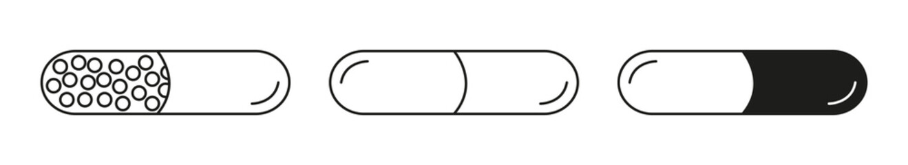 Set of capsule medication icons isolated vector black outline illustration on white background