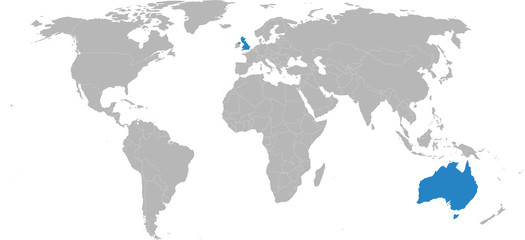 United kingdom, Australia countries isolated on world map. Light gray background. Business concepts, diplomatic, trade, industry, sport and transport relations.