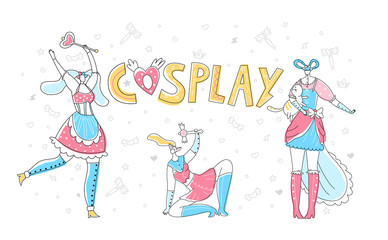 Vector flat illustration with young women dressed in superhero costumes on background of lettering cosplay. Concept costume games, fan clubs, entertainment, Hobbies, and creativity.