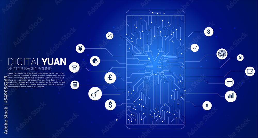 Poster Vector money China Yuan currency icon in mobile phone screen from dot connect line circuit board style. Concept for digital yuan money and digital banking.
