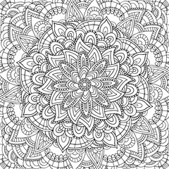Square black and white hand drawn outline vector mandala colouring page for children, adults. Zentangle line art for meditation. Monochromic yoga print with plenty of details. EPS10, editable. 