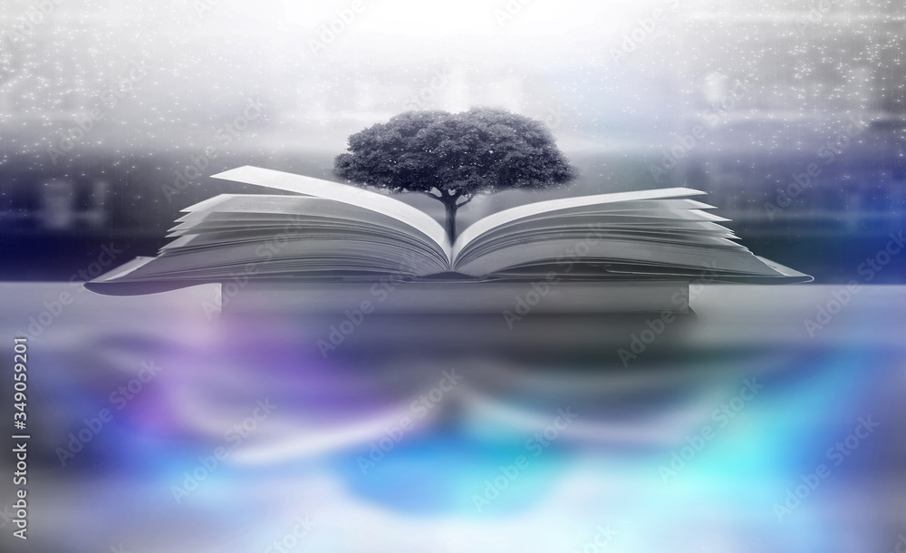 Poster imagine a picture book of an ancient book opened on a wooden table with a sparkling golden backgroun