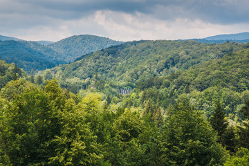 Fototapeta na wymiar Panoramic view of Mountains in Plitvice Lakes National Park in Croatia. View from above