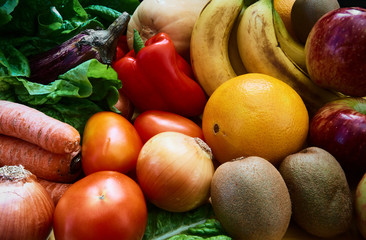 Lots of vegetables and fruits. Various types of vegetables and fruits.