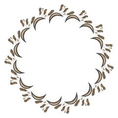 Round isolated frame for text from ornamental crescents with crystals and bird feathers in boho and zentangle style in black and golden brown colors on a white background. Copy space. Vector.