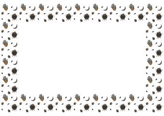 A rectangular isolated horizontal frame of ornamental hand-drawn cauldrons with a boiling witching potion, all-seeing ok, hands of talismans with eyes inside, crescents and crystals. A4. Vector.