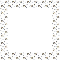 Square isolated frame for text of little village houses, growing ornamental trees, flowers and bushes, clouds in ink and orange colors on a white background. Scandinavian style. Copy space. Vector.