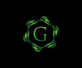 Green Leaf Letter G Round Logo Design. monogram logo. Simple Swirl Green Leaves Alphabet Icon.