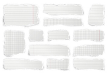 Ripped paper strips. Realistic crumpled paper scraps with torn edges. Lined shreds of notebook pages. Vector illustration.