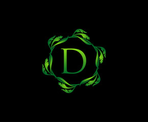 Green Leaf Letter D Round Logo Design. monogram logo. Simple Swirl Green Leaves Alphabet Icon.