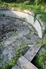 Ruins of abandoned buildings in 1986. Soviet architecture in Chernobyl. Danger of infection of...