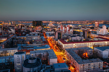 Night Voronezh downtown, aerial view from rooftop