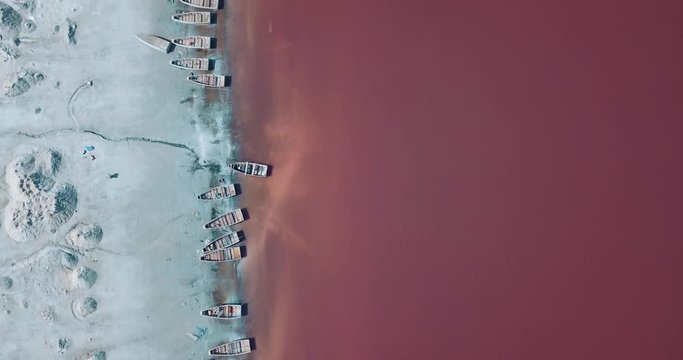 pink lake retba in the suburbs of Dakar photographed from a drone in Africa salt mining