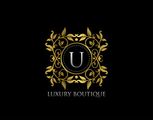 U Letter Luxury Boutique, Beautidul Flourish Gold Logo template