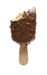 half eaten chocolate and coffee flavor popsicle on white background