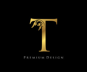 T Letter Luxury Gold Design . Graceful style. Calligraphic beautiful logo. Vintage drawn emblem for book design, brand name, letter stamp, Restaurant, Boutique, Hotel.