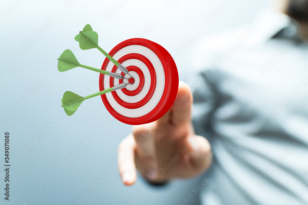 Poster makes a dart throw on the target. The concept of persistence in business..