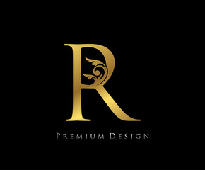 R Letter Luxury Gold Design . Graceful style. Calligraphic beautiful logo. Vintage drawn emblem for book design, brand name, letter stamp, Restaurant, Boutique, Hotel.