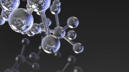 3d rendering of Science background with molecule or atom, Transparent gray abstract molecule model over blurred black background. Copy space.