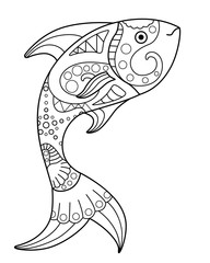 Fototapeta premium Fish emerges - vector linear coloring antistress. Jumping fish - an element for antistress coloring about the sea and its inhabitants. Outline.
