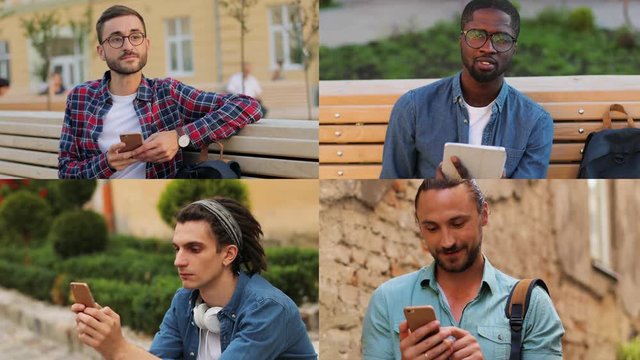 Collage of different mixed-race men typing on smartphones in city. Handsome males texting on phones outdoors. Young man sitting on bench and scrolling on tablet in town. Street concept