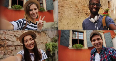 Collage of diverse young people having video conversation through webcam on street. Happy multiethnic males and females friends talking in group chat and waving hands. POV of pretty girl in city.