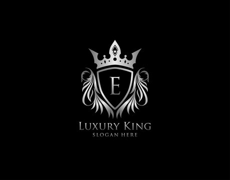 E Letter Luxury Royal King Crest,  Silver Shield Logo template