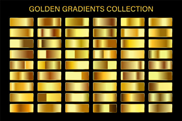 Golden glossy gradient, gold metal foil texture. Color swatch set. Collection of high quality vector gradients. Shiny metallic background.