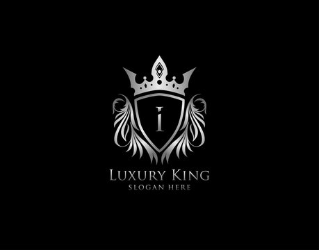 I Letter Luxury Royal King Crest,  Silver Shield Logo template