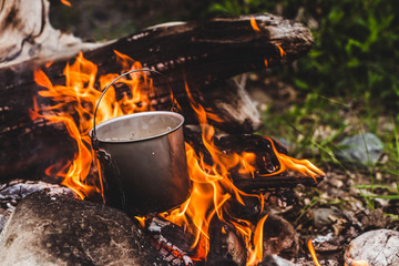 Kettle stands on fire. Cooking food at fire in wild. Beautiful big log burns in bonfire close-up....