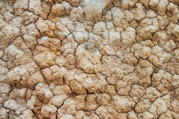 Nature background of cracked dry lands. Natural texture of soil with cracks. Broken clay surface of barren dryland wasteland close-up. Full frame to terrain with arid climate. Lifeless desert on earth