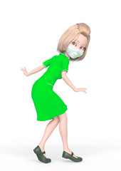 blond nurse cartoon wearing mask is walking slowly